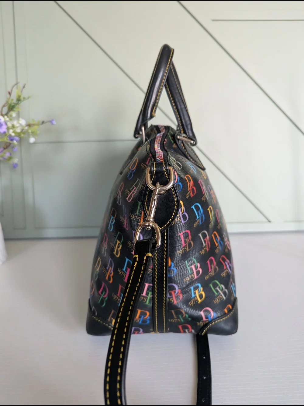 Dooney & Bourke Black Satchel with Multicolor DB Logo Print